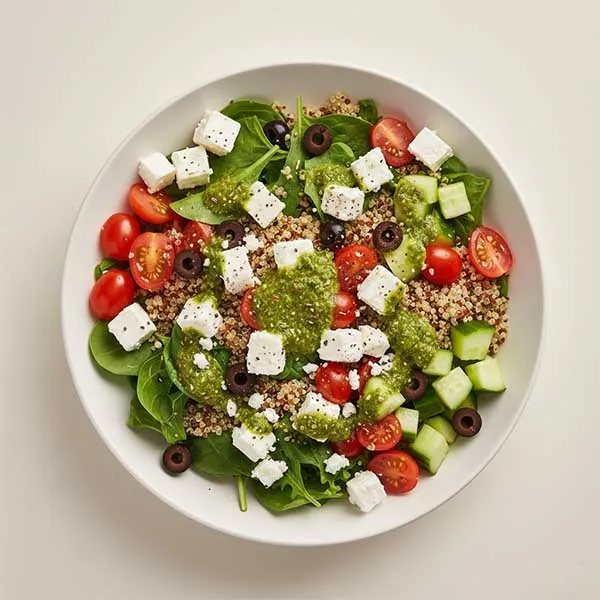 Mediterranean Feta Harvest Bowl With Lemon And Herb Dressing